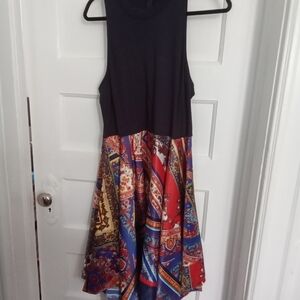 VENUS Black Sleeveless Bodice Dress with Multicolor Printed Midi Skirt